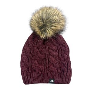 The North Face Oh Mega Fur Pom Beanie Burgundy Cable Knit Pom Pom Youth O/S